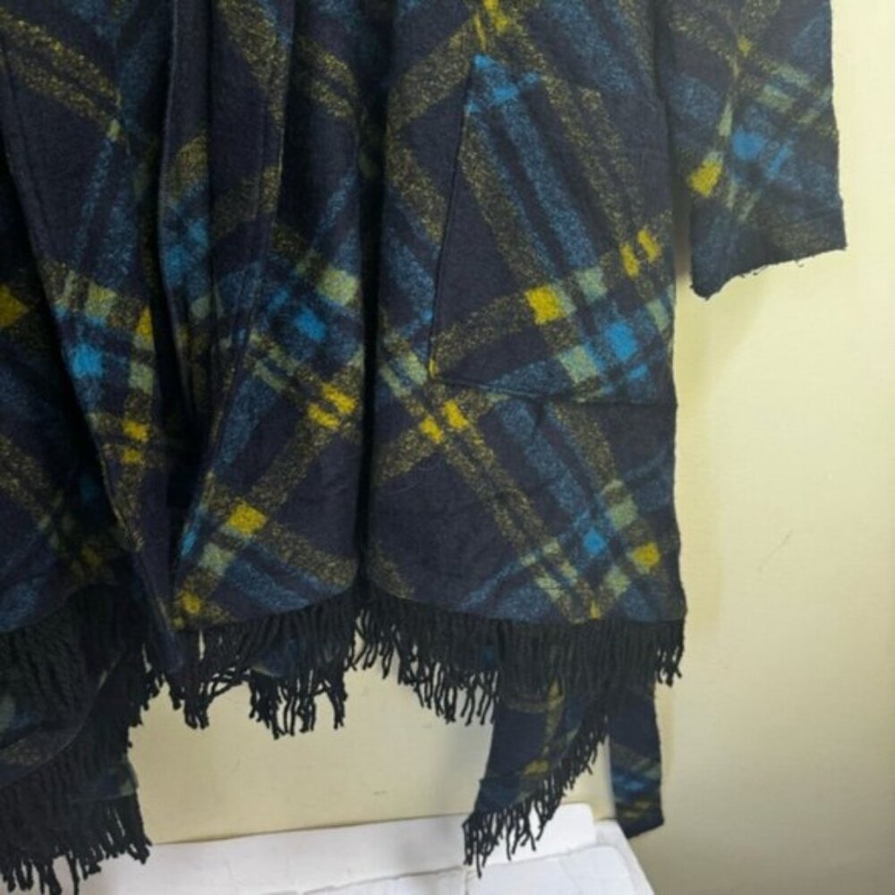Samuel Dong Wool Check Fringe Wrap Coat Shawl Pockets Tartan Poncho Oversized L - Picture 9 of 16